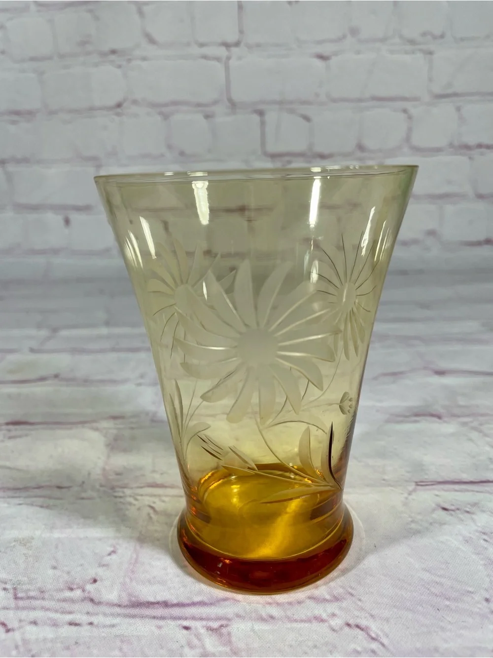 Vintage Amber Glass Etched Floral Tumbler Pair